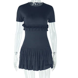 Solid Color Tight Sweet Fresh Pleated Skirt Short Sleeve round Neck Short Dress