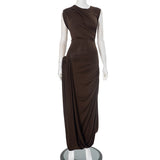 Solid Color round Neck Sleeveless Waist Tight Pleated Backless Elegant Dress