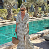 Printed V-neck waisted holiday dress