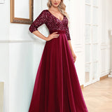 V neck Short Sleeve Sequined Tulle A line Floor Elegant Prom Evening Party Dress