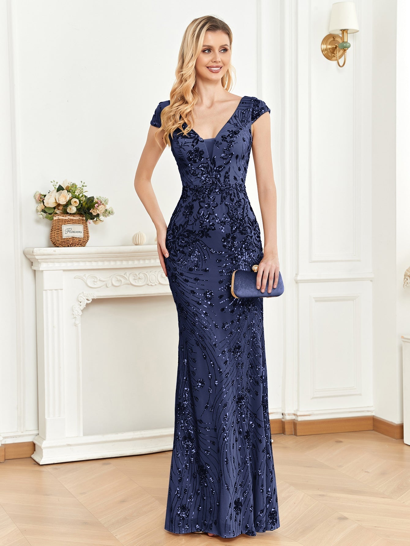 Sequined Champagne Evening Cocktail Slim Fit Fishtail Long Toast Dress