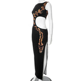 High Slit Hollow Out Snake Print Maxi Dress