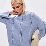 Casual Hollow Knit Crewneck Sweater