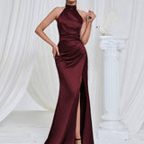 Halter Backless Elegant Slim Fit Dress Long Slit Mop Dress