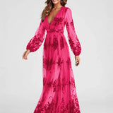 Maxi Dress High Split Ladies Long Sleeves Evening Dress