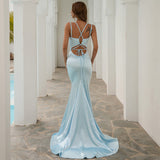 Party Formal Cocktail V-neck Shoulder Strap Back Strap Fishtail Dress Solid Color Backless Small Trailing Dress for