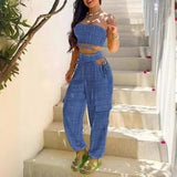 Women's Wrap Top Tie Workwear Long Pants Pocket Denim Blue Crop Waist Set Suit