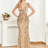 Sequined Champagne Evening Cocktail Slim Fit Fishtail Long Toast Dress