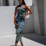 Elegant U Neck Printed Halter Maxi Dress