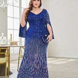 Plus Size Long Sleeve Deep V Plunge Slim Fishtail Evening Dress Cocktail Party Dress
