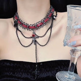 Sweet Cool Cross Red Leather Gothic Retro Tassel Layered Necklace