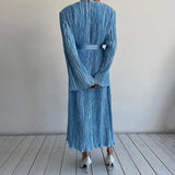 Long Sleeved Belt Pleated Dress Office High Sense Loose Maxi Dress