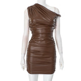 Faux Leather Stitching Diagonal Collar Twisted Pleated Sheath Dress