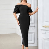 Hip Wrapped Dress Irregular Asymmetric Pleated Shoulder Sleeve Elegant Dress