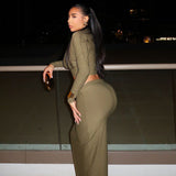 Comfort Casual Solid Color Cropped Skirt Set Maxi Dress Long Sleeve Diagonal Collar Two Piece Set