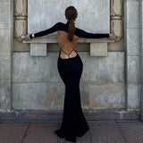 Solid Color Half Collar Long Sleeve Personalized Bare Back Maxi Dress