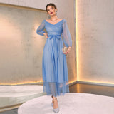 V neck High Waist Mesh Maxi Dress