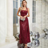 Backless Lace up Sequ Dress Prom Evening Dress
