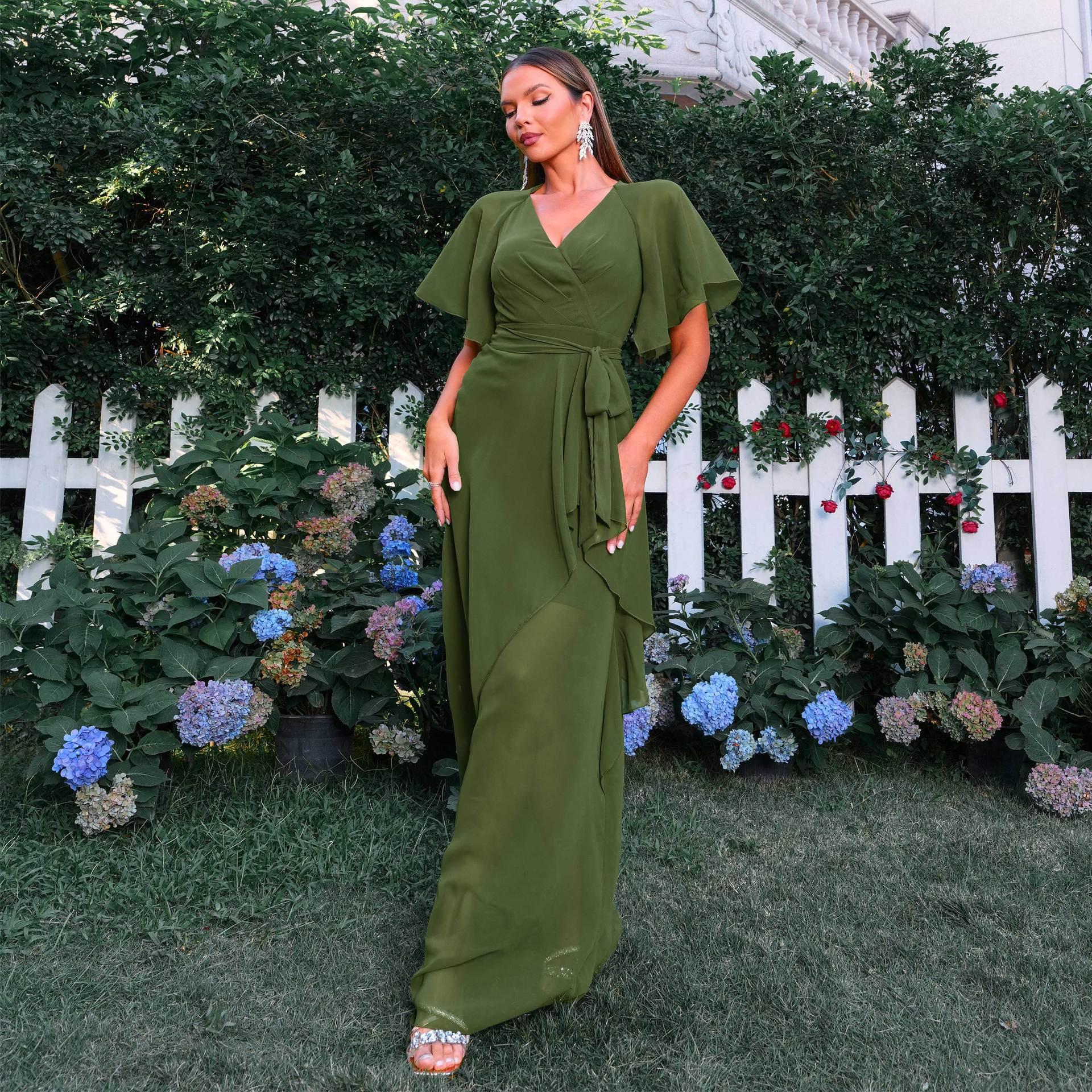 Elegant V Neck Short Sleeve Waist Controlled Beach Vacation Long Bohemian Large Swing