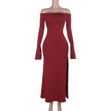 Fall Maxi Dress Socialite Elegant Slim off Shoulder Tied