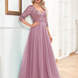 V neck Short Sleeve Sequined Tulle A line Floor Elegant Prom Evening Party Dress