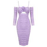 Purple Long Sleeve Dress Slim One Neck Sleeve Floral Tulle Dress