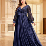 plus Size Satin V neck Long Sleeve Dress Slim Fit Maxi Dress Sequin Cocktail Evening