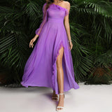 Maxi Dress Large Slant Shoulder High Slit Cocktail Elegant Senior Evening Dress