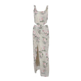 Chiffon Printed Spaghetti Straps Cropped Top Skirt Split Dress Two Piece Sets