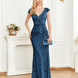 Sequined Champagne Evening Cocktail Slim Fit Fishtail Long Toast Dress