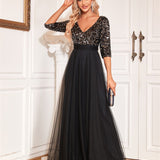 V neck Short Sleeve Sequined Tulle A line Floor Elegant Prom Evening Party Dress