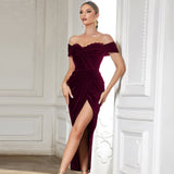 off Shoulder Slim Fit Fold Split Dress