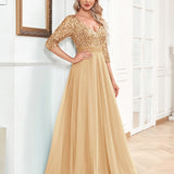 V neck Short Sleeve Sequined Tulle A line Floor Elegant Prom Evening Party Dress