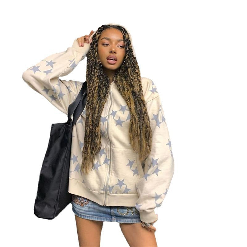 Y2k Zip Up Hoodies Vintage Star Print Sweatshirts