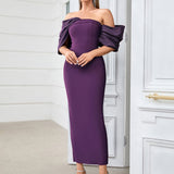 Hip Wrapped Dress Irregular Asymmetric Pleated Shoulder Sleeve Elegant Dress