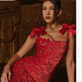 Entry Lux Bow High Sense Embroidered Hollow Out Cutout Sheath Dress