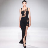 Black Low Elastic Mesh Mini Dress Strap Maxi Dress