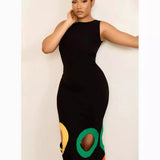 round Neck Sleeveless Color Matching Hollow Out Cutout out Embroidered A line Maxi Dress