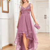 Chiffon Bridesmaid Dress Double V neck Dress Sleeveless A line Large Hem Sequin Stitching Evening Dress