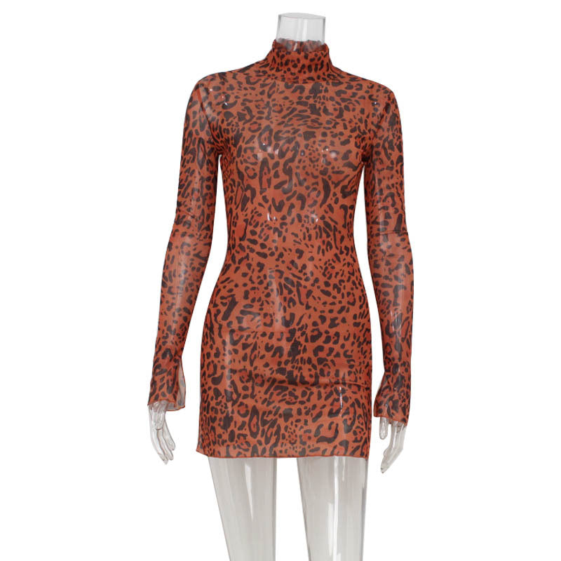 Turtleneck Long Sleeve Slim Fit Mesh Leopard Print Hip