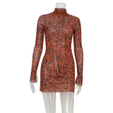Turtleneck Long Sleeve Slim Fit Mesh Leopard Print Hip