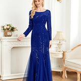 Dress Long Sleeve round Neck Slim Fit Fishtail Bridesmaid Cocktail Evening Dress for Toasting Elegant