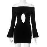 Off Neck Micro Pull Long Sleeve Hollow Out Cutout Out Cropped Hip Wrapped Short Dress