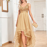 Chiffon Bridesmaid Dress Double V neck Dress Sleeveless A line Large Hem Sequin Stitching Evening Dress