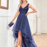 Chiffon Bridesmaid Dress Double V neck Dress Sleeveless A line Large Hem Sequin Stitching Evening Dress