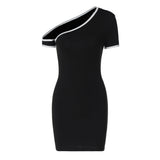 Color Contrast One Shoulder Cold Shoulder Slim Hip Dress