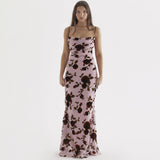 Mesh Floral Print Slip Dress Slim Fit Elegant Floral Maxi Dress Holiday Dress Backless