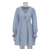 Office Design A line Dress Pink Plaid Butterfly Collar Long Sleeve Dress