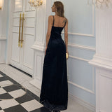 Pleuche Ladies Cocktail Annual Meeting Split Evening Dress Sleeveless Strap Maxi Dress