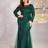 Plus Size Dress Long Sleeve round Neck Slim Fit Fishtail Skirt Bridesmaid Cocktail Evening Dress for Toasting Elegant